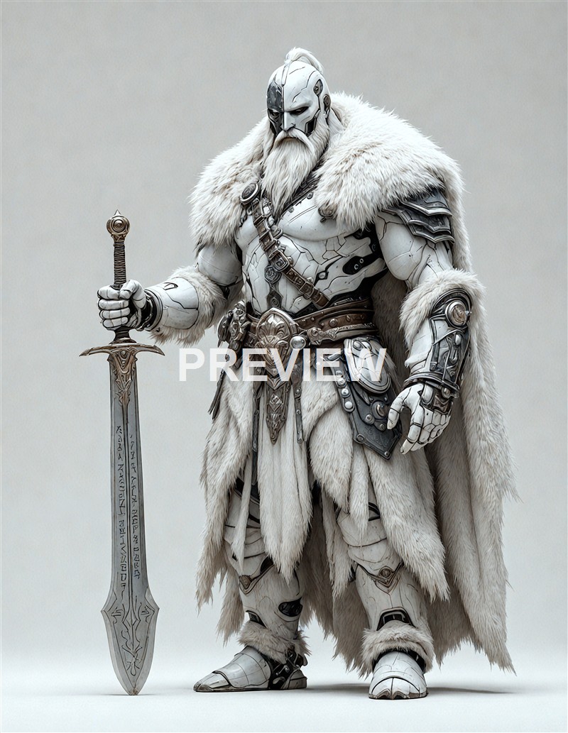 A heavily armored warrior with a robotic half-face, long white hair and beard, wearing a fur cloak and holding a large ornate sword.